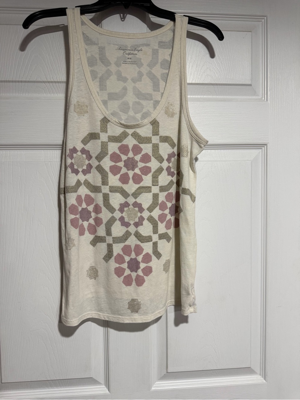 American Eagle Outfitters Cream Tank with Pink & Olive Geometric Motif